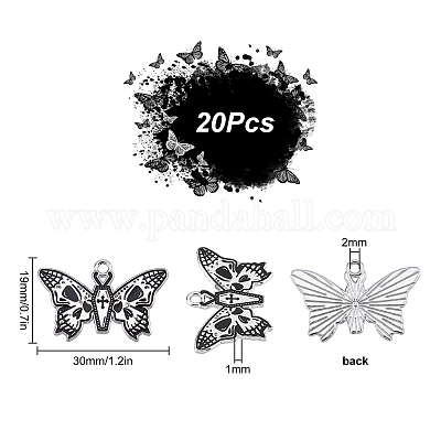 SUNNYCLUE 1 Box 20pcs Butterflies Charms Enamel Butterfly Skull Charm Gothic Coffin Halloween Black Insect Gothic Charms for