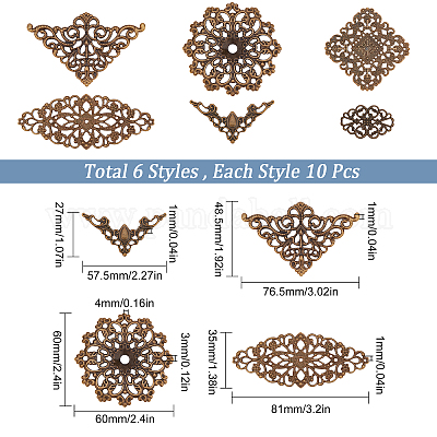 Wholesale SUNNYCLUE 1 Box 60Pcs 6 Styles Antique Bronze Filigree Metal  Filigree Pieces Iron Flower Embellishment Hollow Tibetan Charm for Jewelry  Making Charms Choker Necklace Bracelet Earrings DIY Accessories 