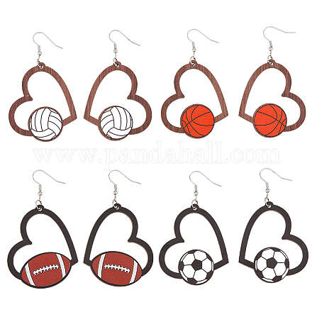 Fibloom 4 paires 4 styles sport thème bois coeur boucles d'oreilles pendantes pour les femmes EJEW-FI0001-55-1