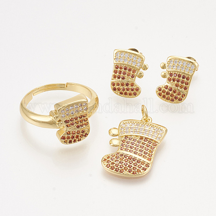 Ciondoli in ottone con zirconi cubici e orecchini a bottone e anelli regolabili set di gioielli SJEW-S043-08-1