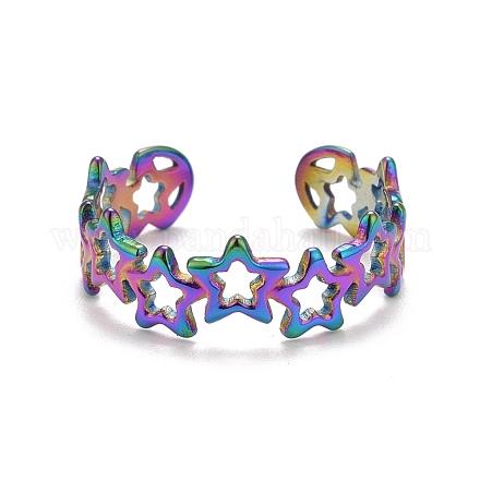 Rainbow Color Ion Plating(IP) 304 Stainless Steel Star Wrap Open Cuff Ring for Women RJEW-A005-36MC-1