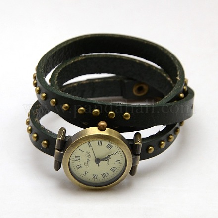 ファッショナブルなラップスタイルの革のローマ数字の時計のブレスレット  アンティークブロンズ合金時計のダイヤルと  ダークスレートグレー  610x8x5mm X-WACH-M054-03-1
