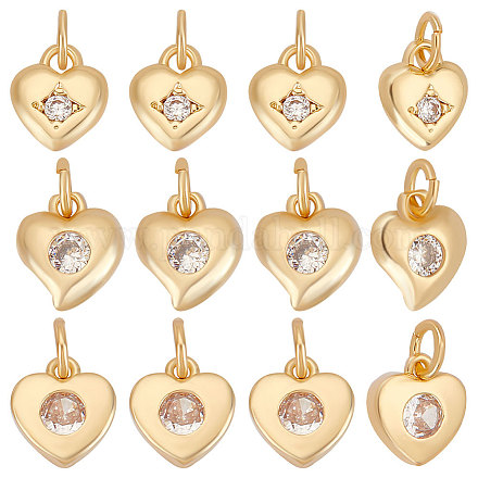 Beebeecraft 12Pcs 3 Styles Cubic Zirconia Heart Charms Gold Plated Heart Charms with Jump Ring for Valentine's Bracelet Necklace Jewelry Making Findings ZIRC-BBC0001-69-1