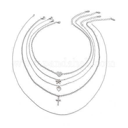 Set di collane con pendente in zirconi cubici trasparenti con cuore e bowknot e croce in stile 5 pz NJEW-JN04145-1