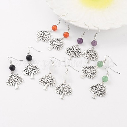 Tree Tibetan Style Antique Silver Alloy Natural Mixed Stone Dangle Earrings EJEW-JE01933-1