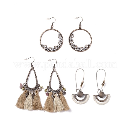 3 paires de boucles d'oreilles pendantes en alliage de style anneau et larme et ventilateur avec éclats de jaspe dalmatien EJEW-P200-08R-1