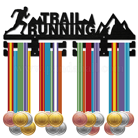CREATCABIN Trail Running Medal Hanger Display Sports Medal Holder Black Wood Competition Wall Hanging Rack Frame Hook Ribbon Display Run for Home Badge 2 Lines Over 20 Medals Runner Athlete Gift ODIS-WH0041-007-1