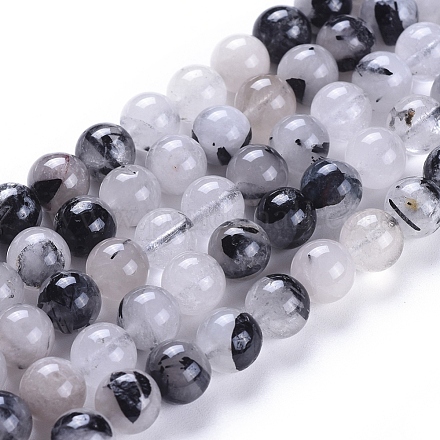 Quartz naturel tourmaliné / perles de quartz rutile noires X-G-E558-04-8mm-1
