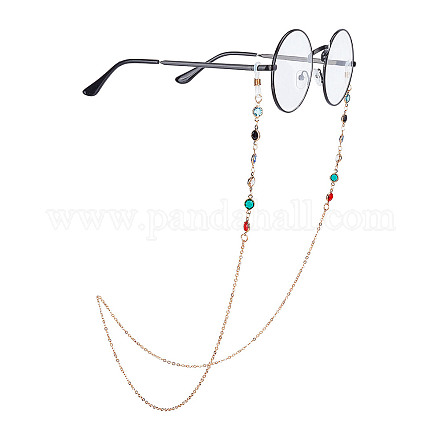 眼鏡チェーン  眼鏡用ネックストラップ  鉄アズキチェーンを有する  ガラスフラットラウンドリンクとラバーループエンド  カラフル  ゴールドカラー  29.33インチ（74.5cm） AJEW-WH0189-19-1