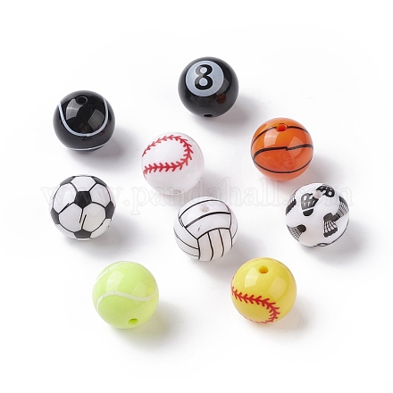 スポーツテーマ不透明樹脂ビーズ  丸いボール  バスケットボールとサッカーとテニス  ミックス模様  ミックスカラー  17mm  穴：2.5mm RESI-XCP0001-90-1