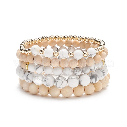 Ensemble de bracelets de perles rondes en bois naturel et howlite 5pcs 5 styles BJEW-JB08820-1