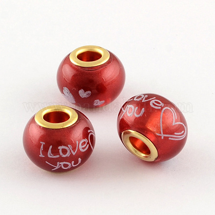 Valentine's Day Rondelle with Heart and I Love You Spray Painted Glass European Large Hole Beads GPDL-S016-02-1