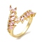 Leaf Brass Micro Pave Cubic Zirconia Open Cuff Rings, for Women, Lead Free & Cadmium Free, Real 18K Gold Plated, Pearl Pink, US Size 7 1/4(17.5mm)