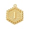 Brass Pendants, Hexagon Letter Charms, Letter I, 20x16x2.5mm, Hole: 1.5mm
