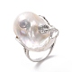 Pepita de perla natural con hoja de circonita cúbica anillo de puño abierto RJEW-P033-02P-02-2