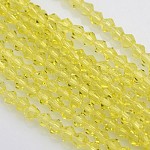 Bicone cuentas de vidrio hebras, facetados, amarillo, 4x4mm, agujero: 1 mm, aproximamente 92~96 pcs / cadena, 13.78~14.37 pulgada