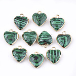 Electroplate Synthetic Malachite Pendants, with Cadmium Free & Nickel Free & Lead Free Iron Findings, Faceted, Heart, Golden, 16~17x14~15x6~7mm, Hole: 1.8mm