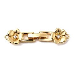 Micro pavé di ottone trasparente cubic zirconia piegato su fermagli, fiore, vero placcato oro 18k, 32.5x8x3mm, Foro: 1 mm