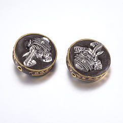 Manuell Indonesiene Perlen, mit Messing-Zubehör, Nickelfrei, flach rund mit Elefanten, Schwarz, roh (nicht plattiert), 28~28.5x13~14 mm, Bohrung: 2 mm