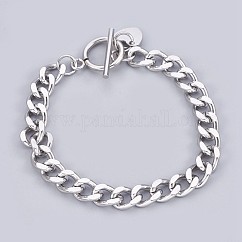 Bracciali a catena in acciaio inossidabile 304 anti-ossidazione, con fermagli a ginocchiera e charm a forma di cuore, colore acciaio inossidabile, 7-1/2 pollice (19 cm), 7.5mm