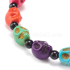 Natürliches Mashan-Jade-Totenkopf-Stretch-Armband mit synthetischem türkisfarbenem (gefärbtem) Kreuzanhänger&nbsp;BJEW-JB08372