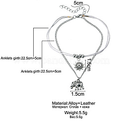 Doppellagige Fußkettchen mit Sonnen- und Elefanten-Anhänger aus gewachster Kordel für Damen&nbsp;FS-WG1794C-01