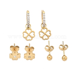 304 Edelstahl Strass Kleeblatt & runde Ohrring-Sets&nbsp;EJEW-Z098-13G