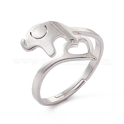 Anello regolabile da donna in acciaio inossidabile 201 anti-ossidazione con elefante e cuore&nbsp;RJEW-K238-07P