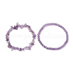 Braccialetti elasticizzati da donna con perline di ametista naturale rotonde e con chip&nbsp;BJEW-JB10189-03