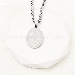 Colgantes y collares con medalla ovalada de San Benito en acero inoxidable 201.&nbsp;NJEW-B154-01P