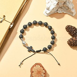 Braccialetti con perline intrecciate rotonde e incrociate in pietra lavica naturale&nbsp;BJEW-TA00321-01