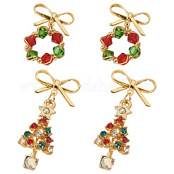 2 Paar 2 Stile Bowknot mit Kranz & Weihnachtsbaum Legierung Glas baumeln Ohrstecker&nbsp;EJEW-TA00699