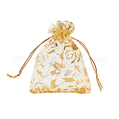 20 Stück Organza-Kordelzugbeutel mit Goldprägung und Rosendruck&nbsp;OP-FP0001-01
