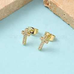 Orecchini a bottone con croce in ottone con micro pavè di zirconi trasparenti&nbsp;EJEW-Z144-25G