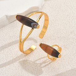Set di bracciale rigido e anello in agata naturale ovale per donna&nbsp;KS8152
