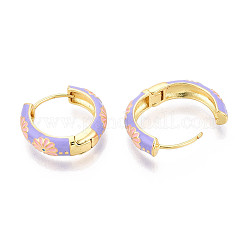 Boucles d'oreilles créoles en laiton émaillé à imprimé floral&nbsp;EJEW-L269-119G-01