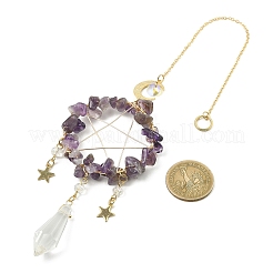 Mit Draht umwickelte natürliche Amethystsplitter und Ringanhänger aus Messing&nbsp;HJEW-TA00083-02