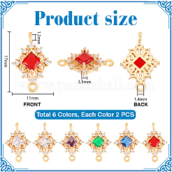 12 Stück 6 Farben Messing Pavé facettiertes Glas und Zirkonia Rauten Verbinder Charms&nbsp;KK-PH0014-03