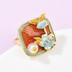 Anillos de puño con flor de esmalte rojo anaranjado de latón&nbsp;RJEW-C139-17D-G