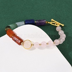 Pulseras de cuentas redondas y prismáticas de cuarzo rosa natural&nbsp;BJEW-G752-01G-04