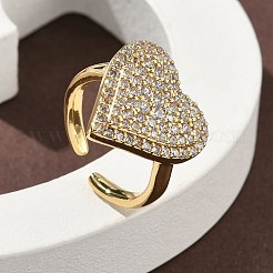Manschettenringe aus Messing mit Mikropflaster und Zirkonia in Herzform für Damen&nbsp;RJEW-A069-12G-02