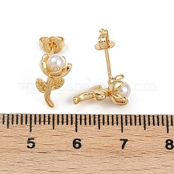 Pendientes de botón de plástico con perlas y flores de latón&nbsp;EJEW-U059-06G
