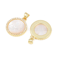 Colgantes redondos planos de circonita cúbica transparente micro pavé de latón chapado en estante&nbsp;KK-U025-10G-05