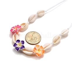 Handgemachte Polymer Clay 3d Blume Plumeria & natürliche Kauri Muschel Perlen geflochtene Halsketten&nbsp;NJEW-TA00202