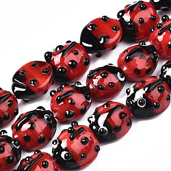 Chapelets de perles vernissées manuelles, coccinelle, rouge, 10.5~14x9~11x5~8mm, Trou: 1~2mm, Environ 20 pcs/chapelet, 8.86 pouce ~ 9.06 pouces (22.5~23 cm)