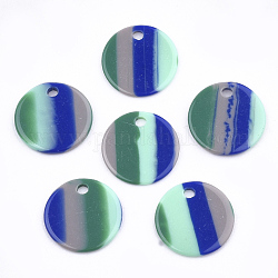 Colgantes de la resina, plano y redondo, patrón de la raya, verde, 15x1~1.5mm, agujero: 1.8 mm