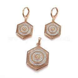 Brass Micro Pave Cubic Zirconia Jewelry Sets, Pendant and Earrings, Long-Lasting Plated, Hexagon, Light Gold, 38mm, Hole: 4.5x6mm, 36mm, Pin: 1mm