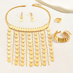 Stainless Steel Coin Jewelry Set, Dangle Leverback Earrings & Link Chains Bracelets & Adjustable Rings & Tassel Bib Necklace, Real 18K Gold Plated, 6.69 inch(17cm), 18.11 inch(46cm), Inner Diameter: 16~18mm, 40x14mm