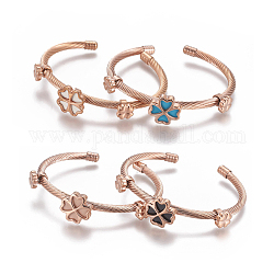 304 Stainless Steel Cuff Bangles, with Acrylic, Clover, Rose Gold, Mixed Color, 2-1/4 inch(5.8cm), 4mm
