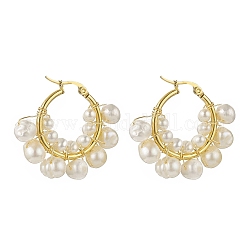 Aretes de aro con perlas naturales, 304 joyería de alambre de acero inoxidable para mujer., real 18k chapado en oro, 31.5x37x8mm, pin: 0.6~1.2x0.6 mm